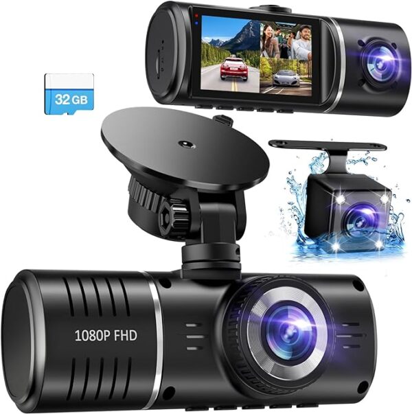 Dash Cam, 3 Channel Dash Cam, 1080P Dash Cam Front and Inside, Triple Dash Cam, Dash Camera with 32GB Card, HDR, G-Sensor, 24Hr Parking, Front Rear Dash Cam Loop Recording